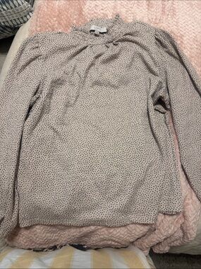 LOFT Cream Long-Sleeve Blouse with Black Dot Print